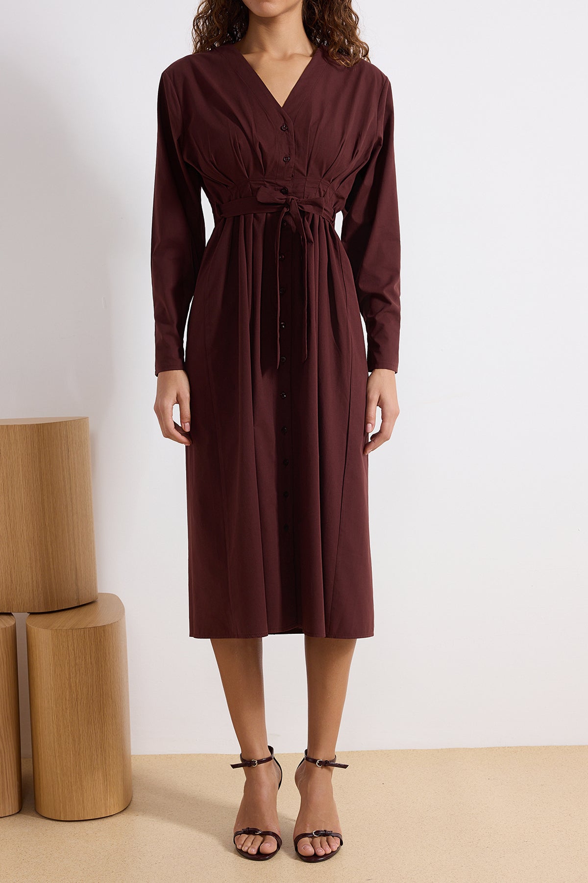 Belted Button Front Long Sleeve V Neck Midi Shirt Dress