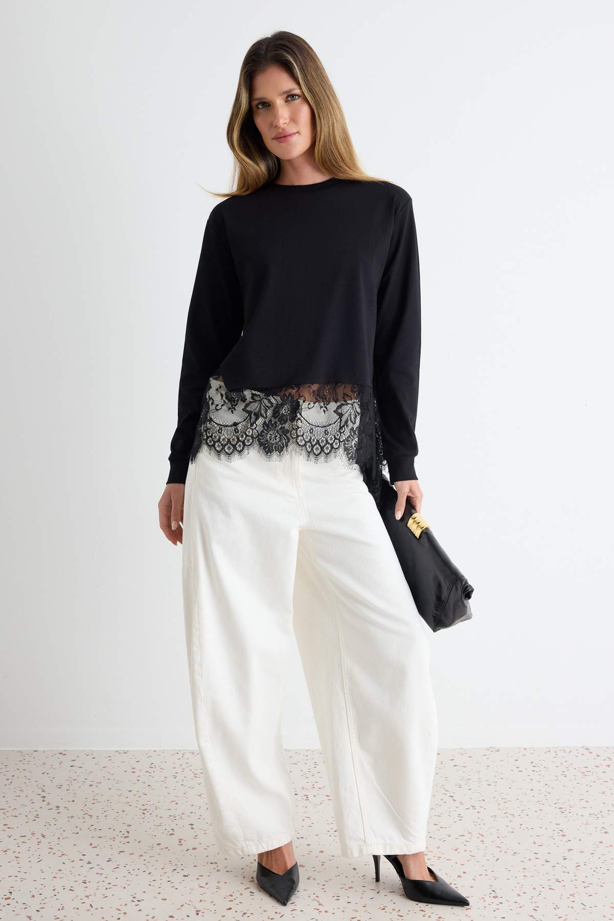 Lace Detail Regular Fit Drop Shoulder Long Sleeve Sweatshirt