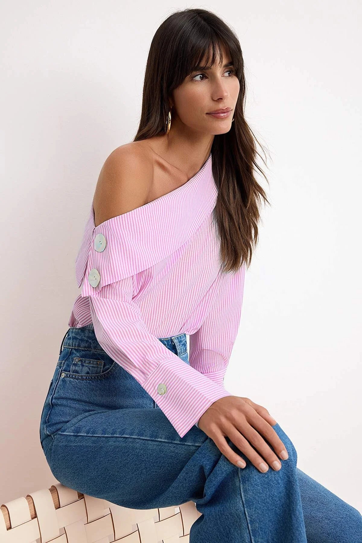 Asymmetric Neck Long Sleeve Woven Blouse