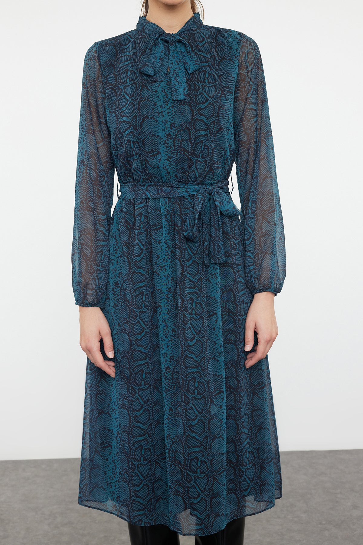 Frill Neck Long Sleeve Skater Midi Dress