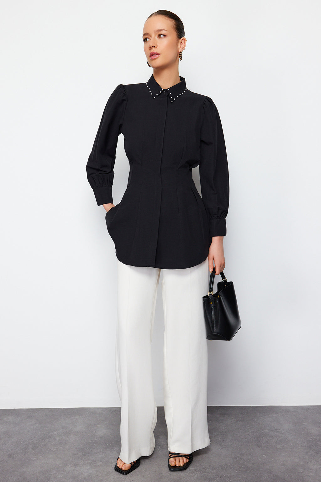 Pearl Detail Fitted Long Sleeve Shirt