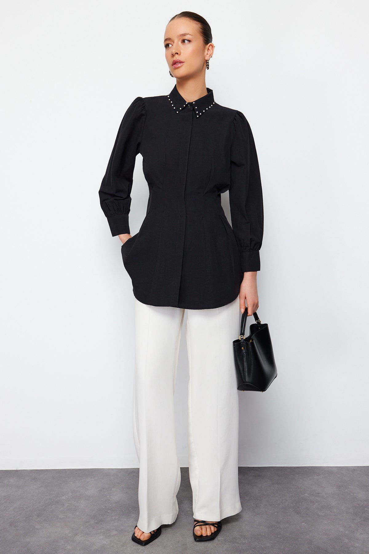 Pearl Detail Fitted Long Sleeve Shirt