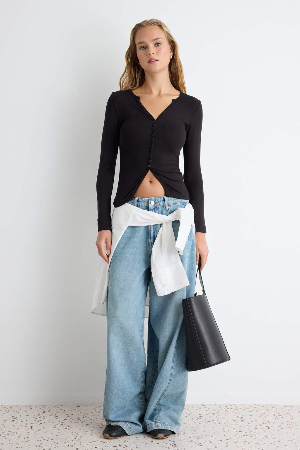 Fitted V Neck Button Front Long Sleeve Blouse