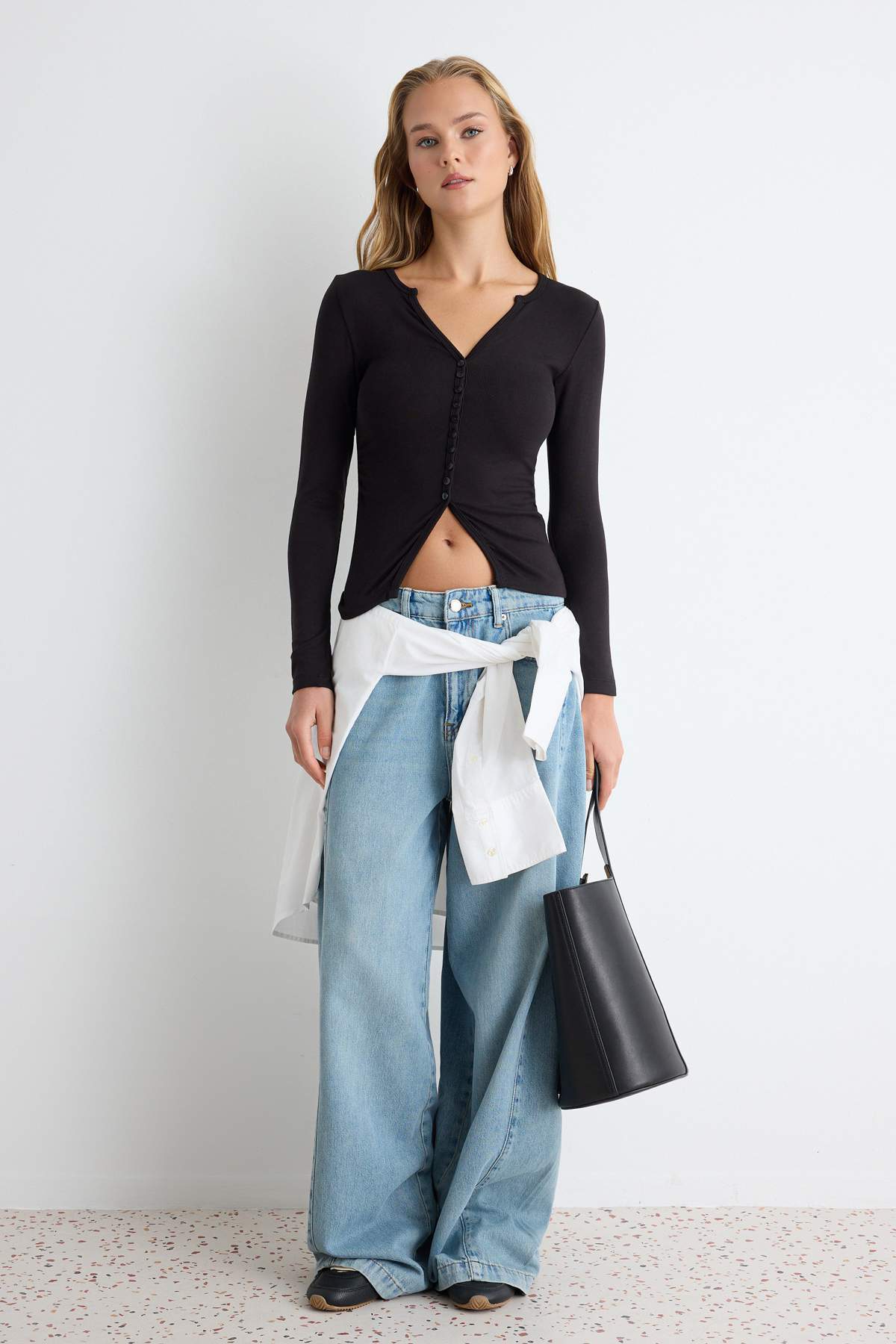 Fitted V Neck Button Front Long Sleeve Blouse