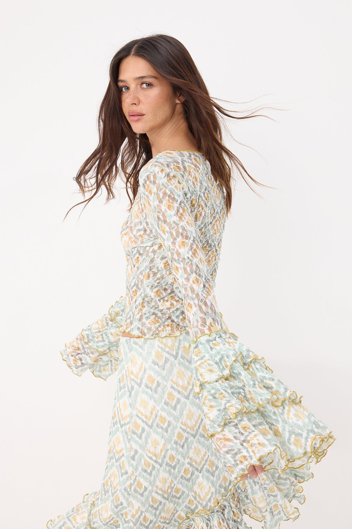 Fitted Crop Ruffle Sleeve Lace Blouse