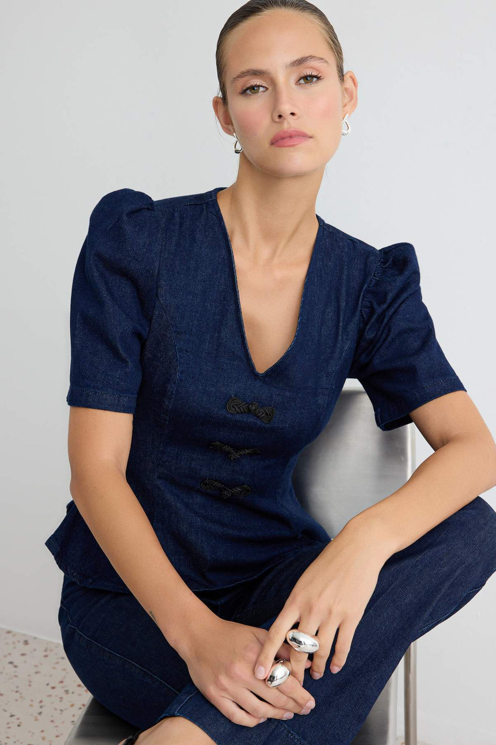V Neck Balloon Sleeve Peplum Denim Blouse