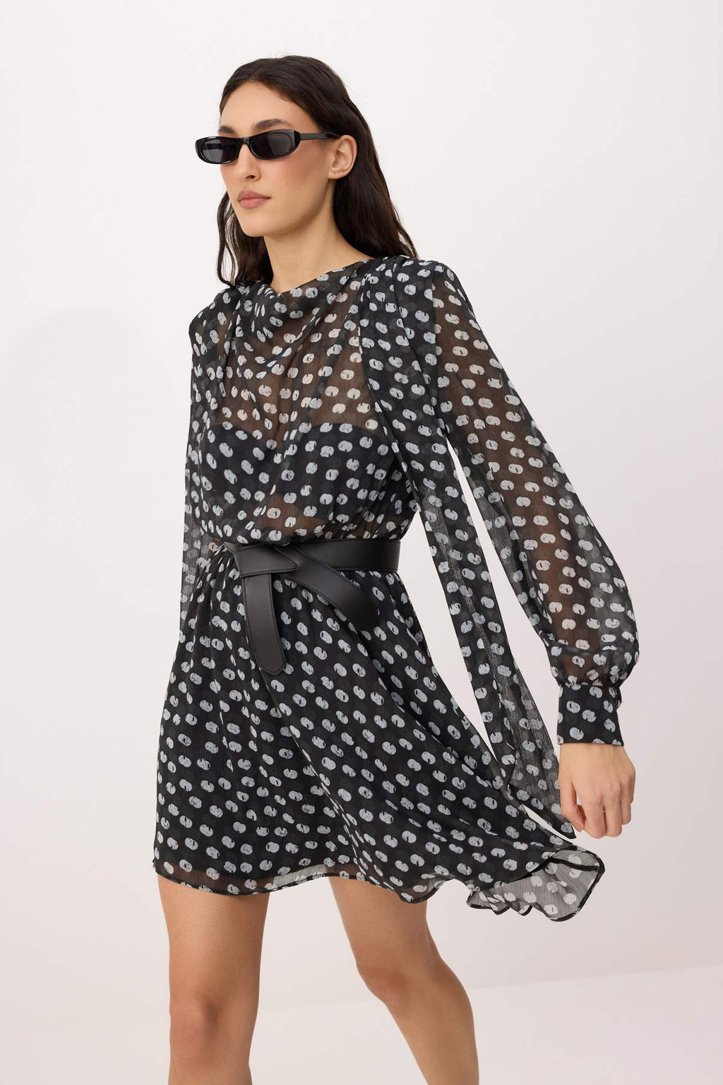 Fular Neck Belted Long Sleeve Skater Mini Dress