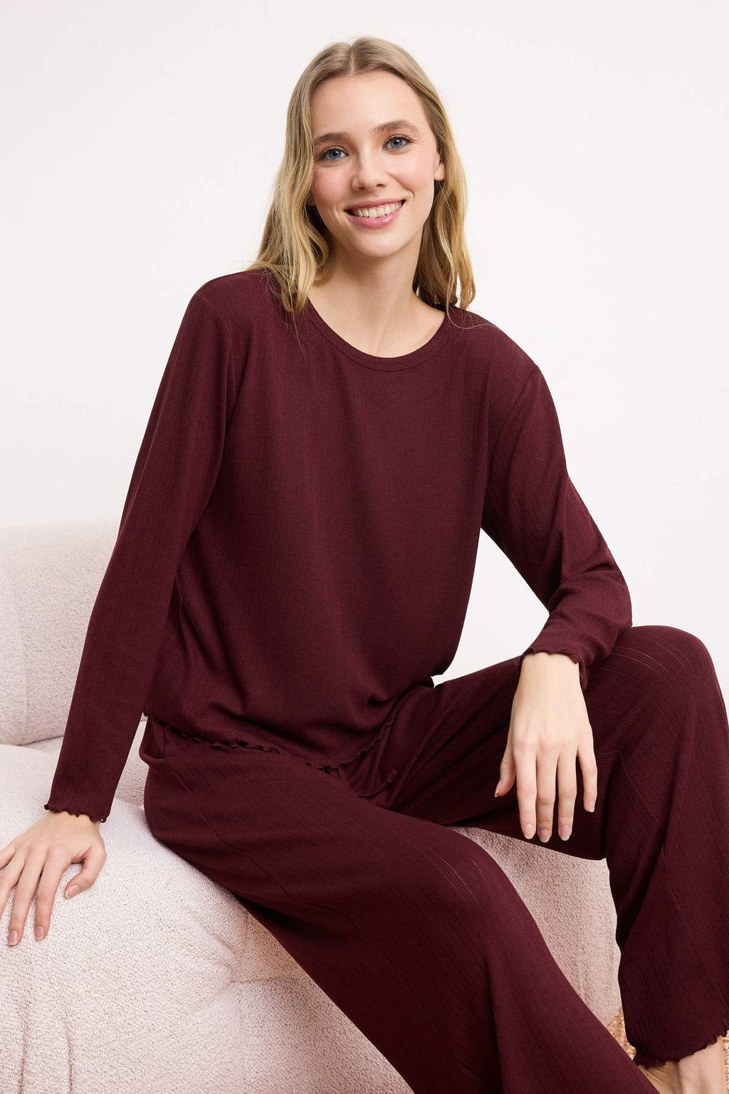 Long Sleeve Ribbed Pointel Pyjama Set