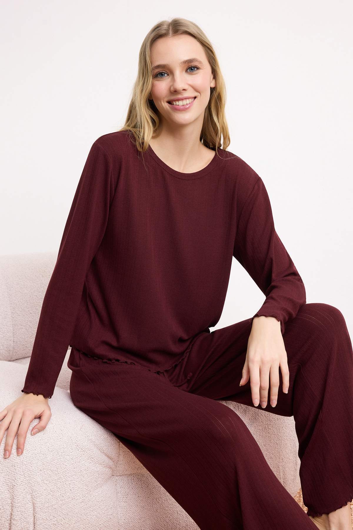 Long Sleeve Ribbed Pointel Pyjama Set