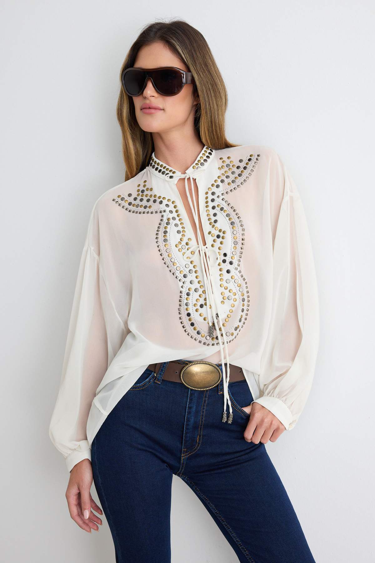 V Neck Drop Shoulder Embellished Crepe Blouse
