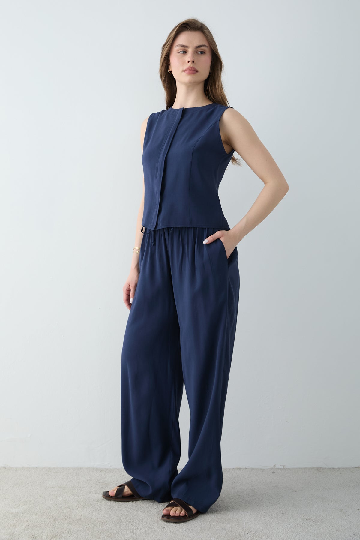 2-Piece Sleeveless Blouse and Wide Leg Trousers Co-ord