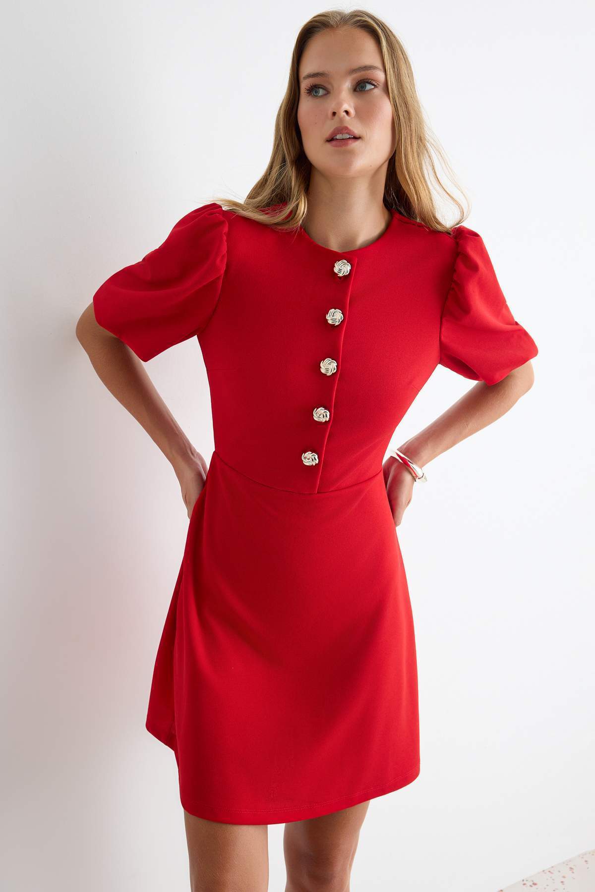 A-Line Balloon Sleeve Button Front Mini Dress