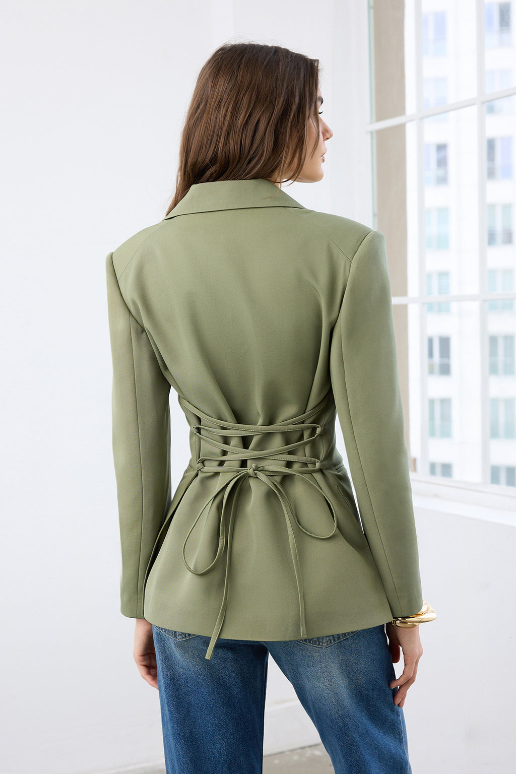 Back Tie Detail Fitted Woven Blazer Jacket