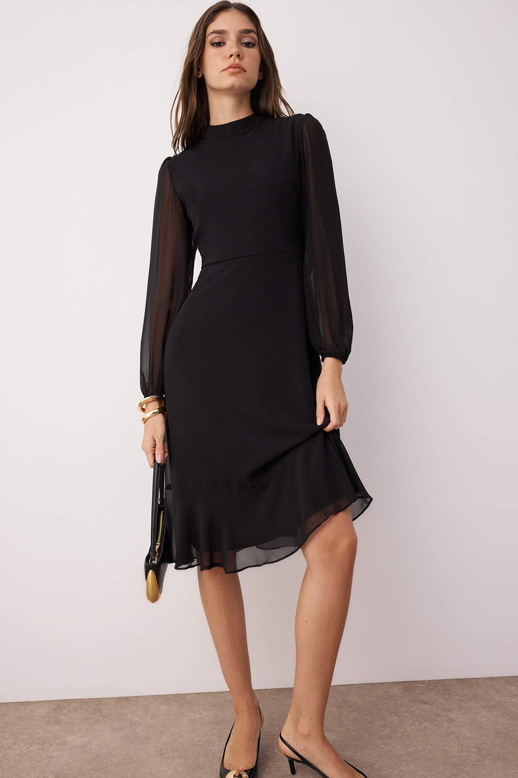 High Neck Long Sleeve A-Line Midi Dress