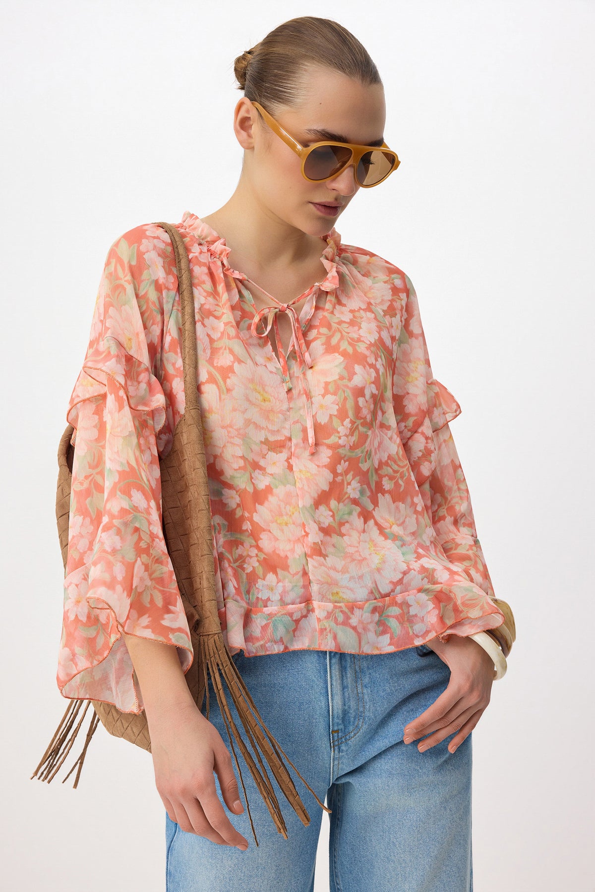 V Neck Raglan Sleeve Frill Detail Sheer Blouse