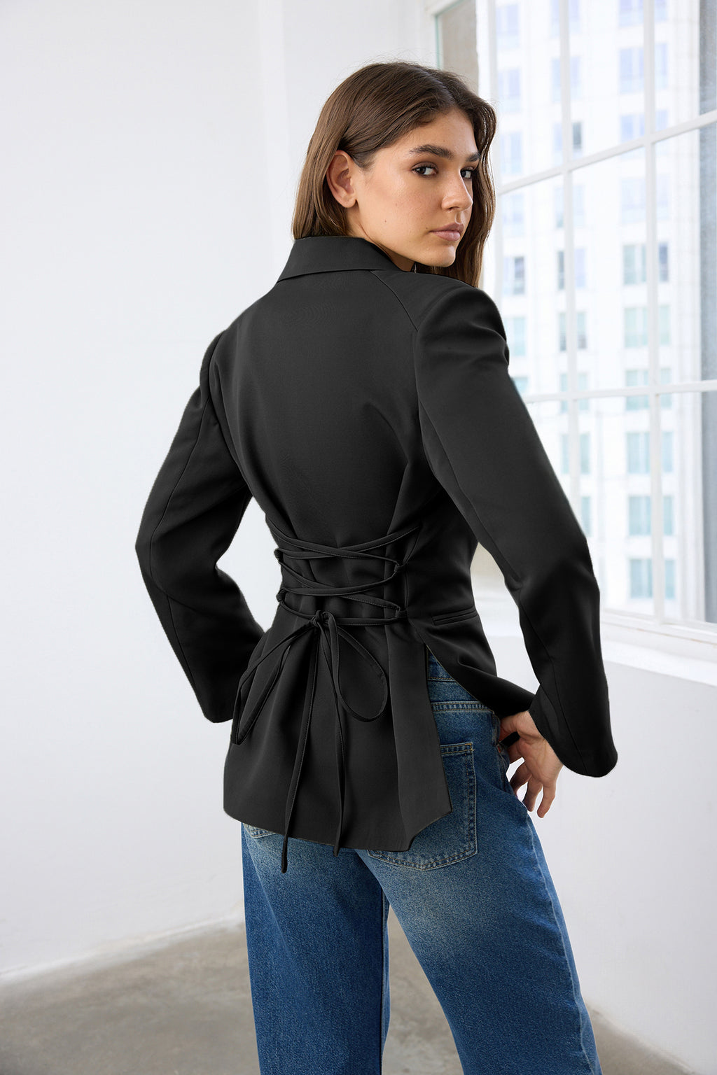 Back Tie Detail Fitted Woven Blazer Jacket