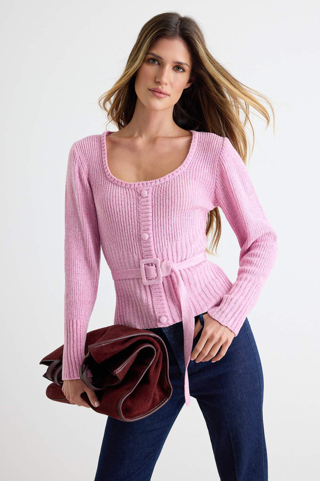 Chenille Long Sleeve Belted Knitted Sweater
