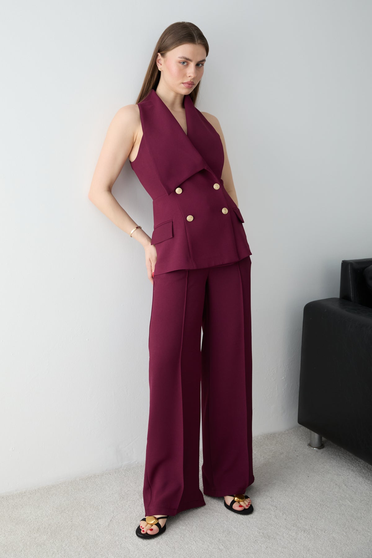 2-Piece Button Detail Sleeveless Waistcoat Wide Leg Trouser Co-ord
