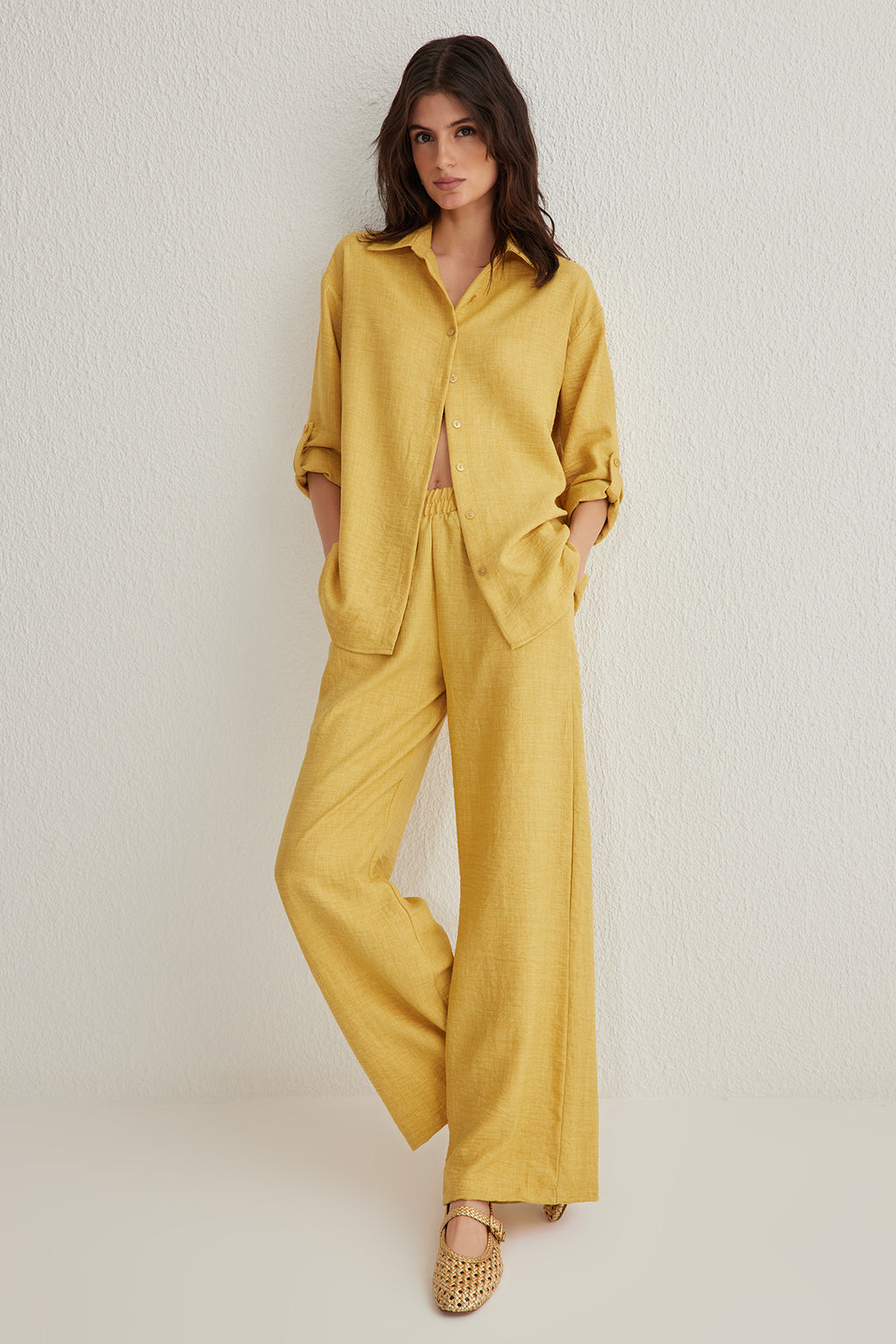 2-Piece Shirt Collar Short Sleeve Wide Leg Trouser Co-ord Set