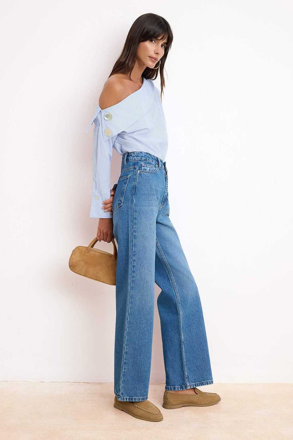 Asymmetric Neck Long Sleeve Woven Blouse