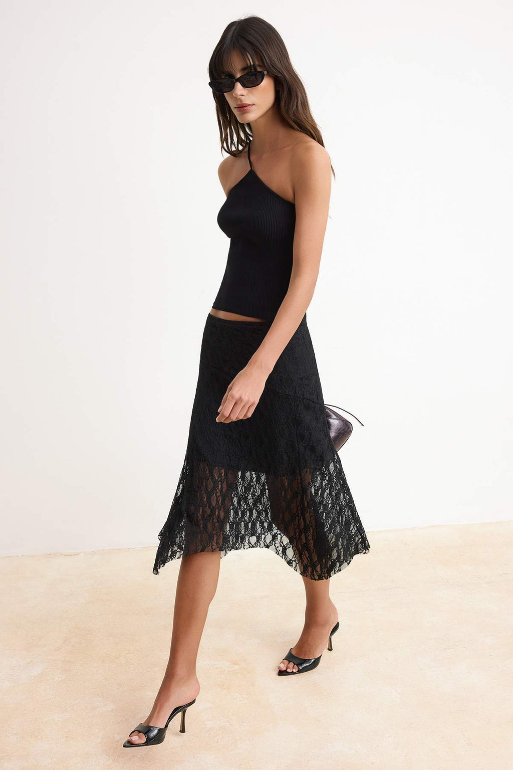 High Waist Asymmetric Lace Lined Midi A-Line Skirt