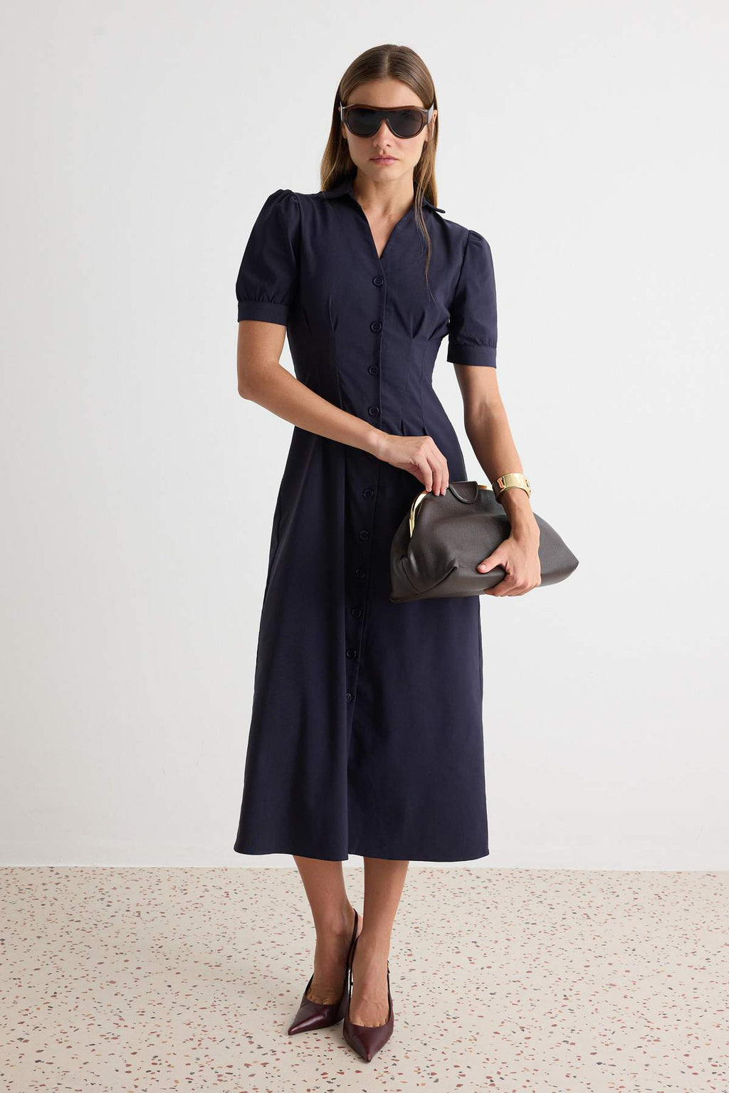 Shirt Collar Long Sleeve Button Front Midi Dress