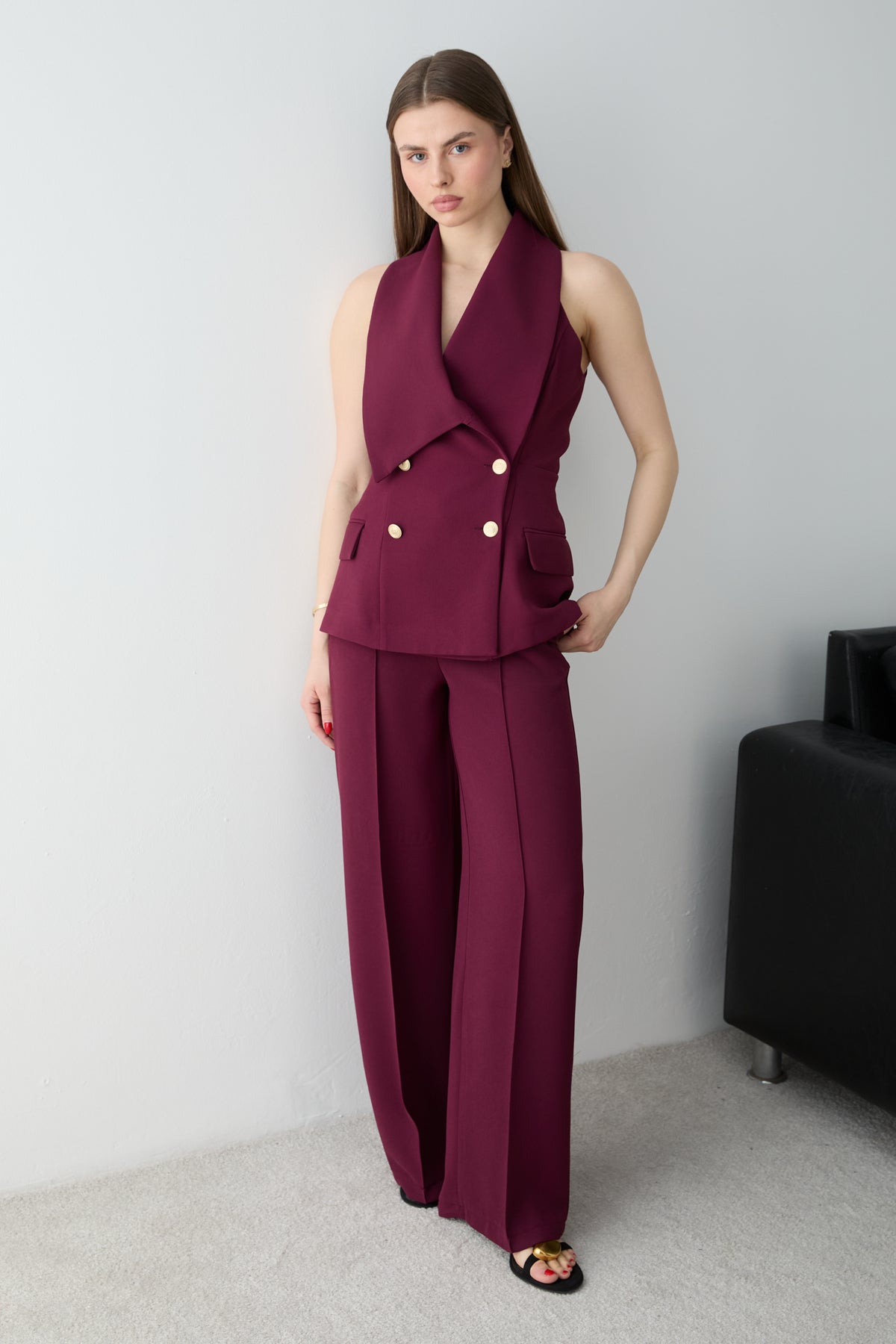 2-Piece Button Detail Sleeveless Waistcoat Wide Leg Trouser Co-ord