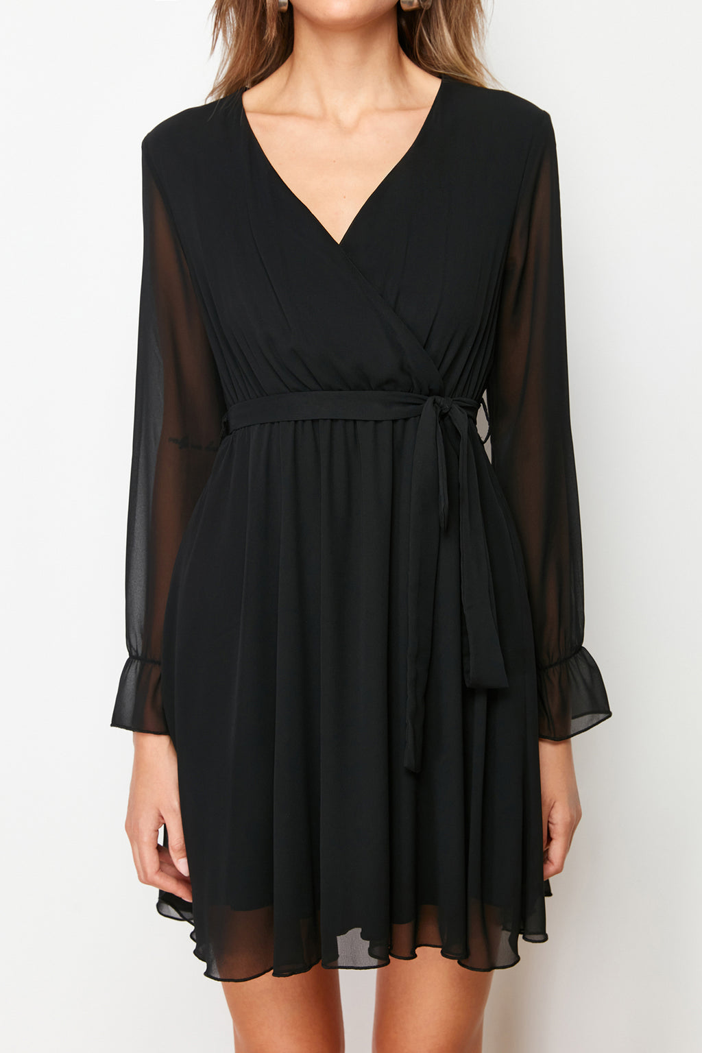 Wrap Neck Balloon Sleeve Skater Mini Dress