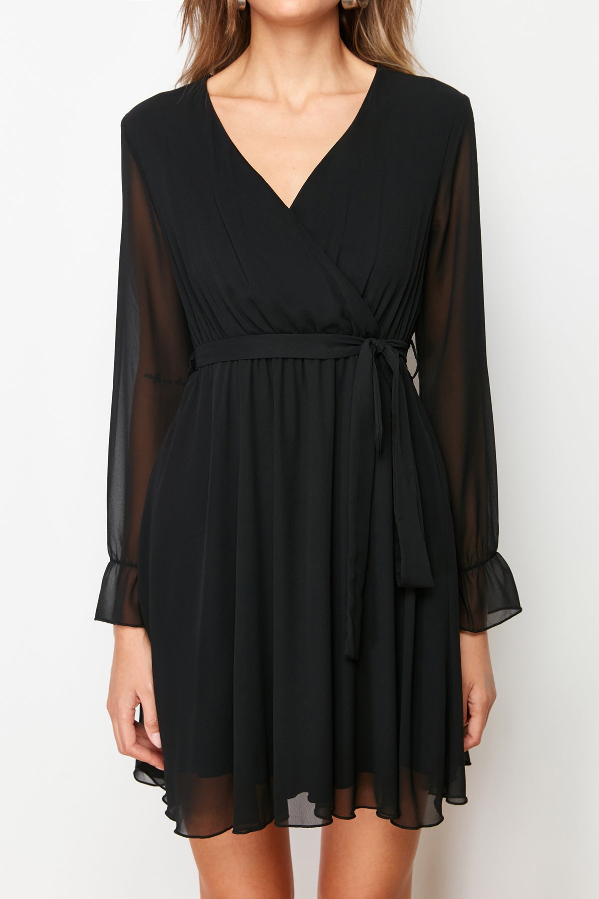 Wrap Neck Balloon Sleeve Skater Mini Dress