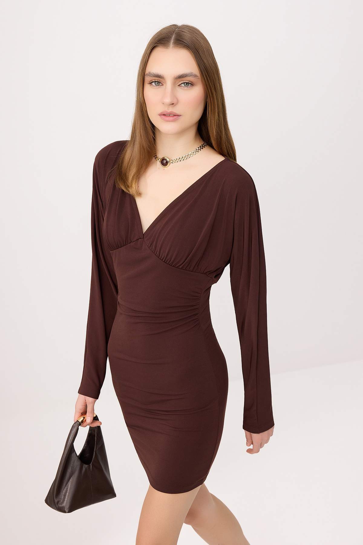 V Neck Long Sleeve Ruched Mini Bodycon Dress