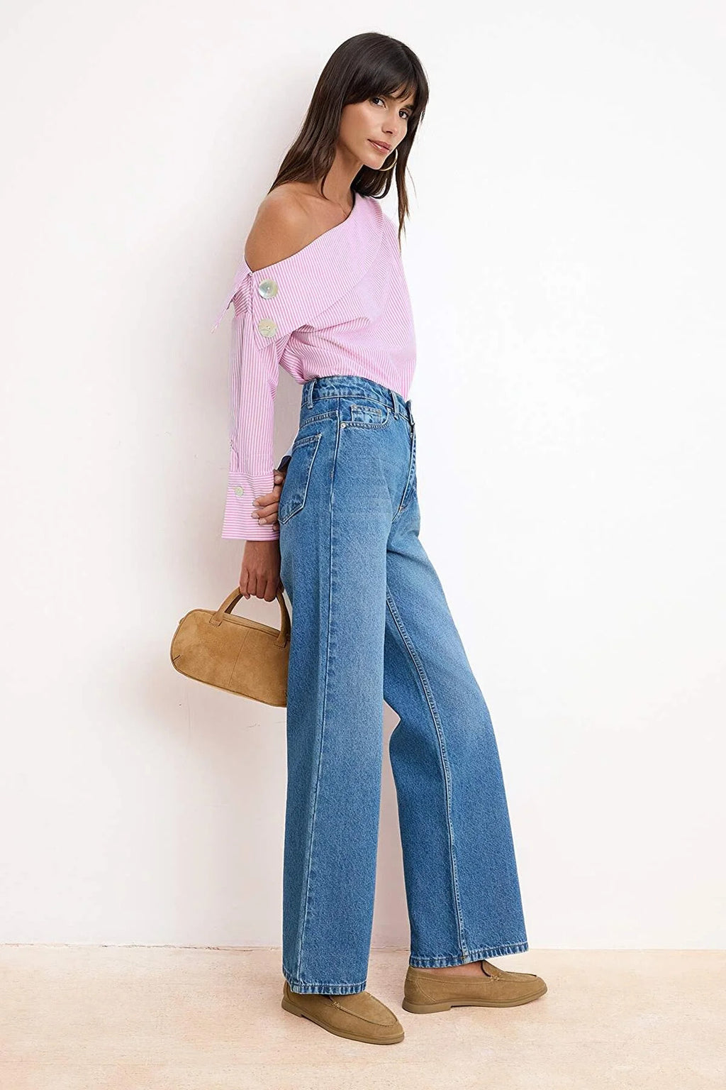 Asymmetric Neck Long Sleeve Woven Blouse