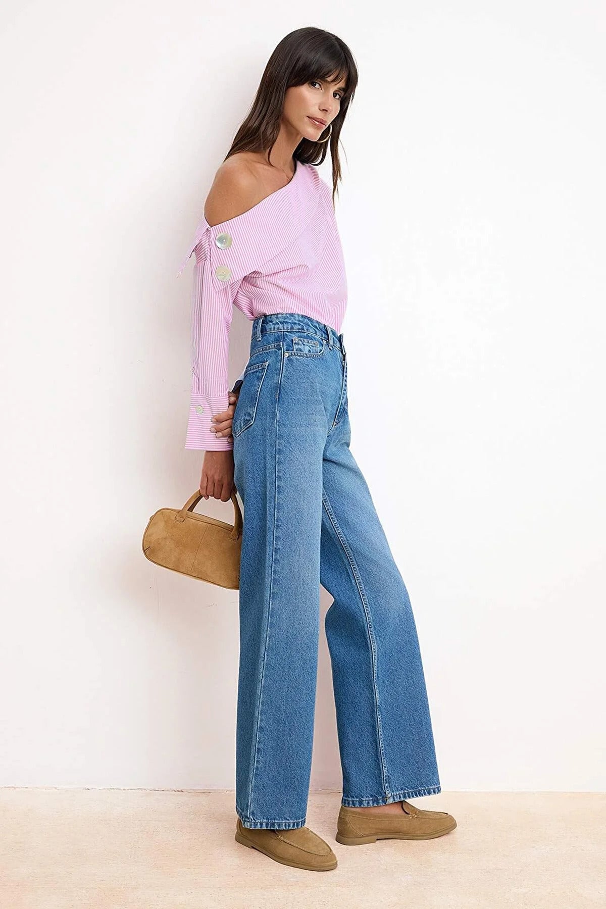 Asymmetric Neck Long Sleeve Woven Blouse