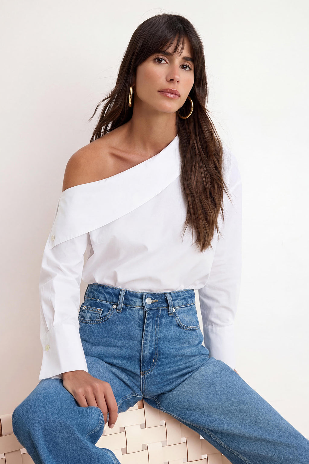 Asymmetric Neck Long Sleeve Woven Blouse