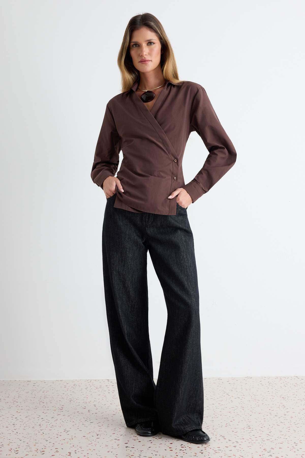 Asymmetric Button Detail Regular Fit Long Sleeve Shirt