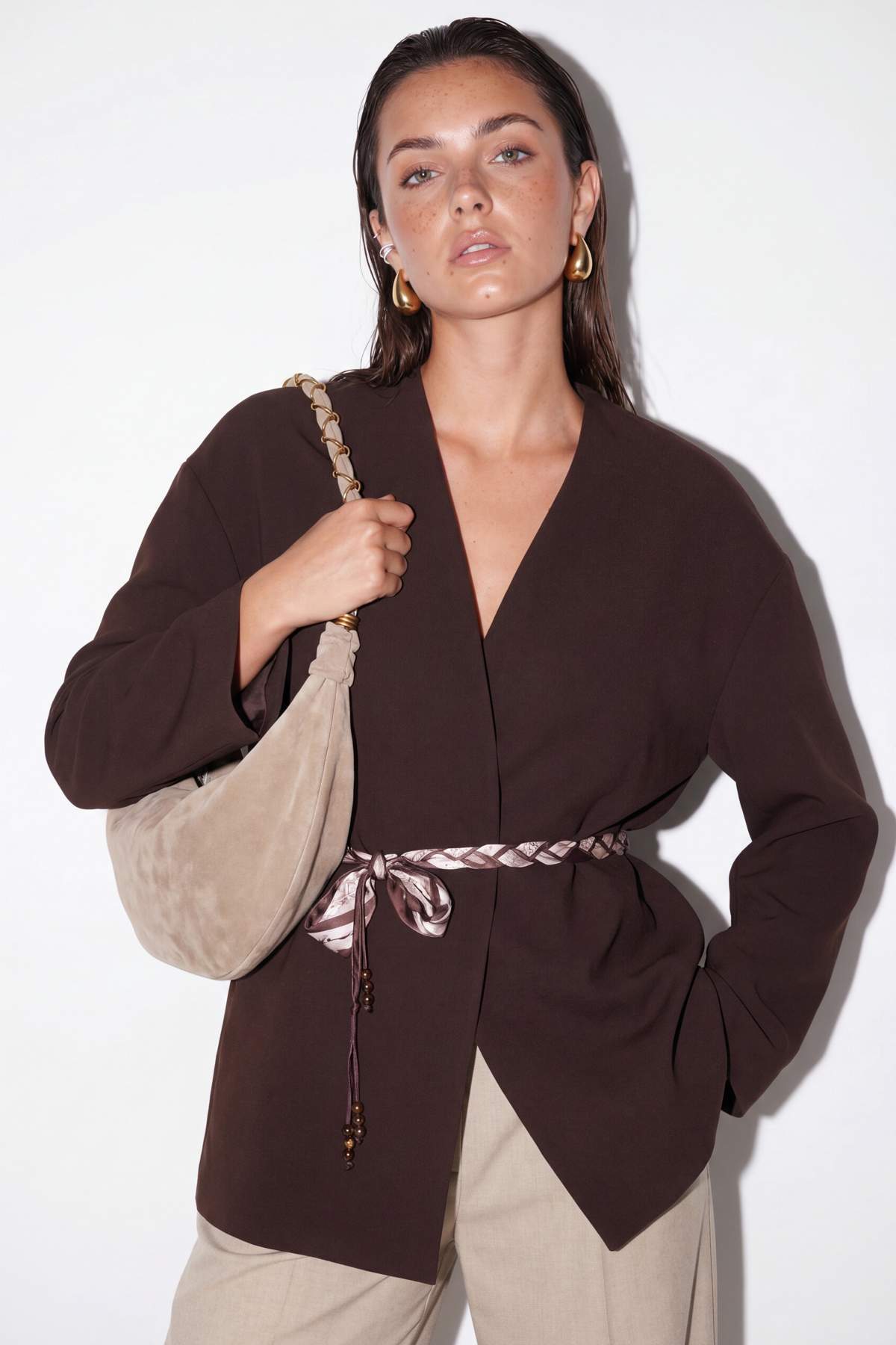 Collarless Belted Relaxed Fit Long Sleeve Jacket