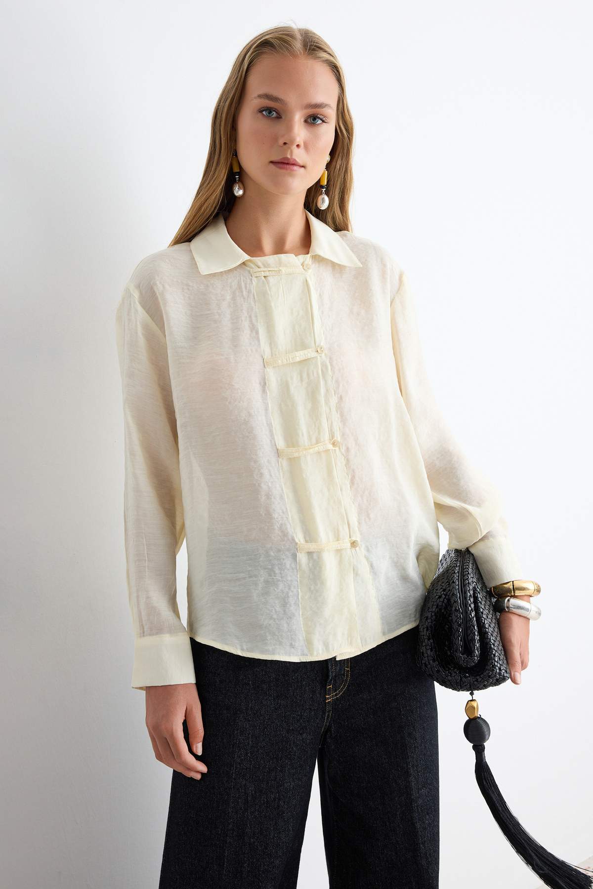 Relaxed Fit Long Sleeve Shirt with Tie Detail