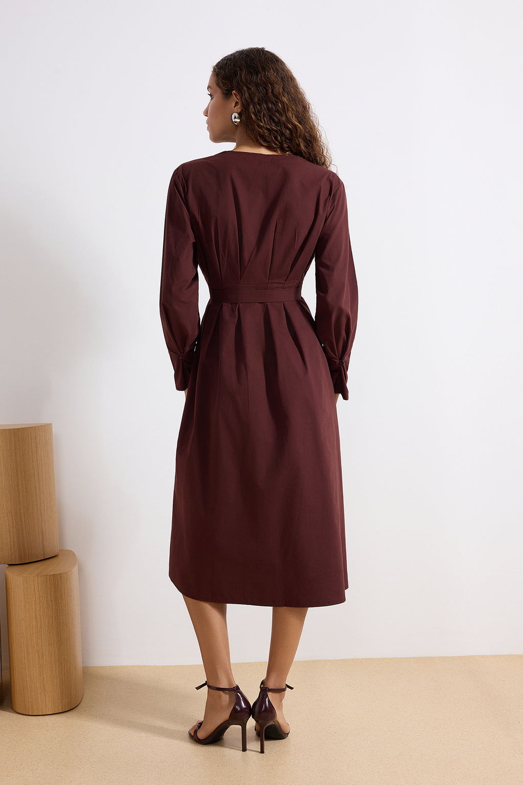 Belted Button Front Long Sleeve V Neck Midi Shirt Dress