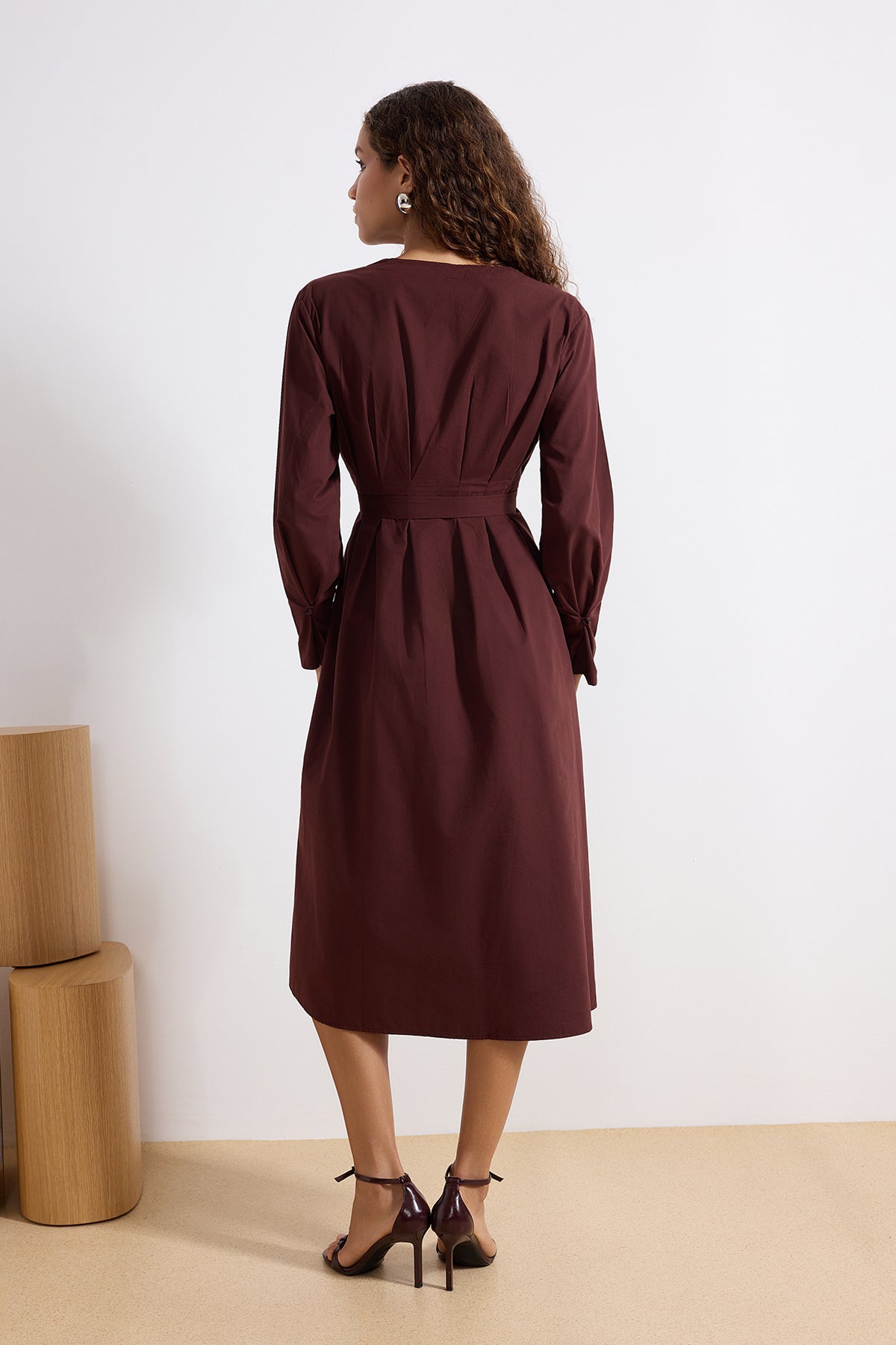 Belted Button Front Long Sleeve V Neck Midi Shirt Dress