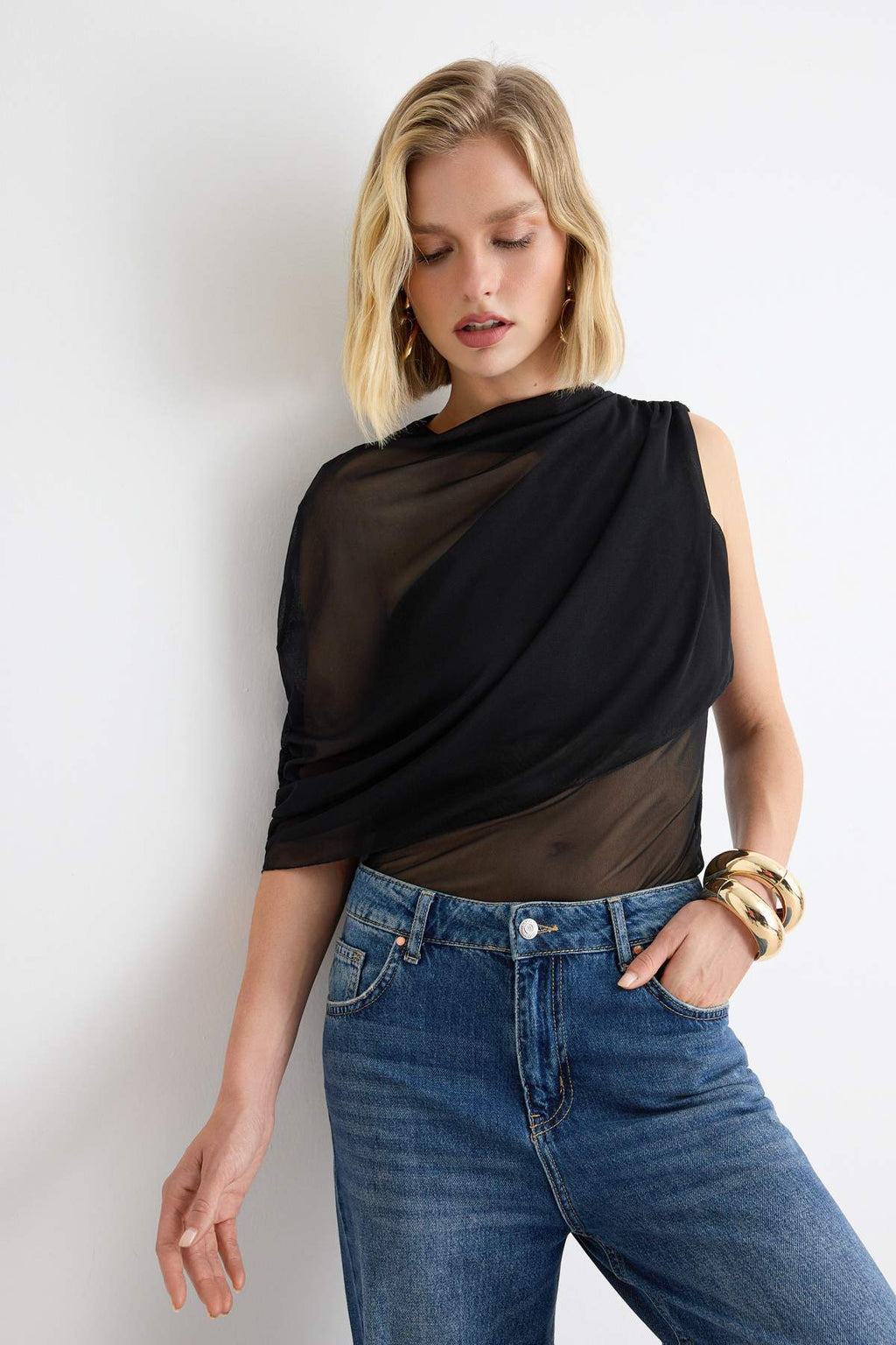 Asymmetric Neck Sleeveless Mesh Body