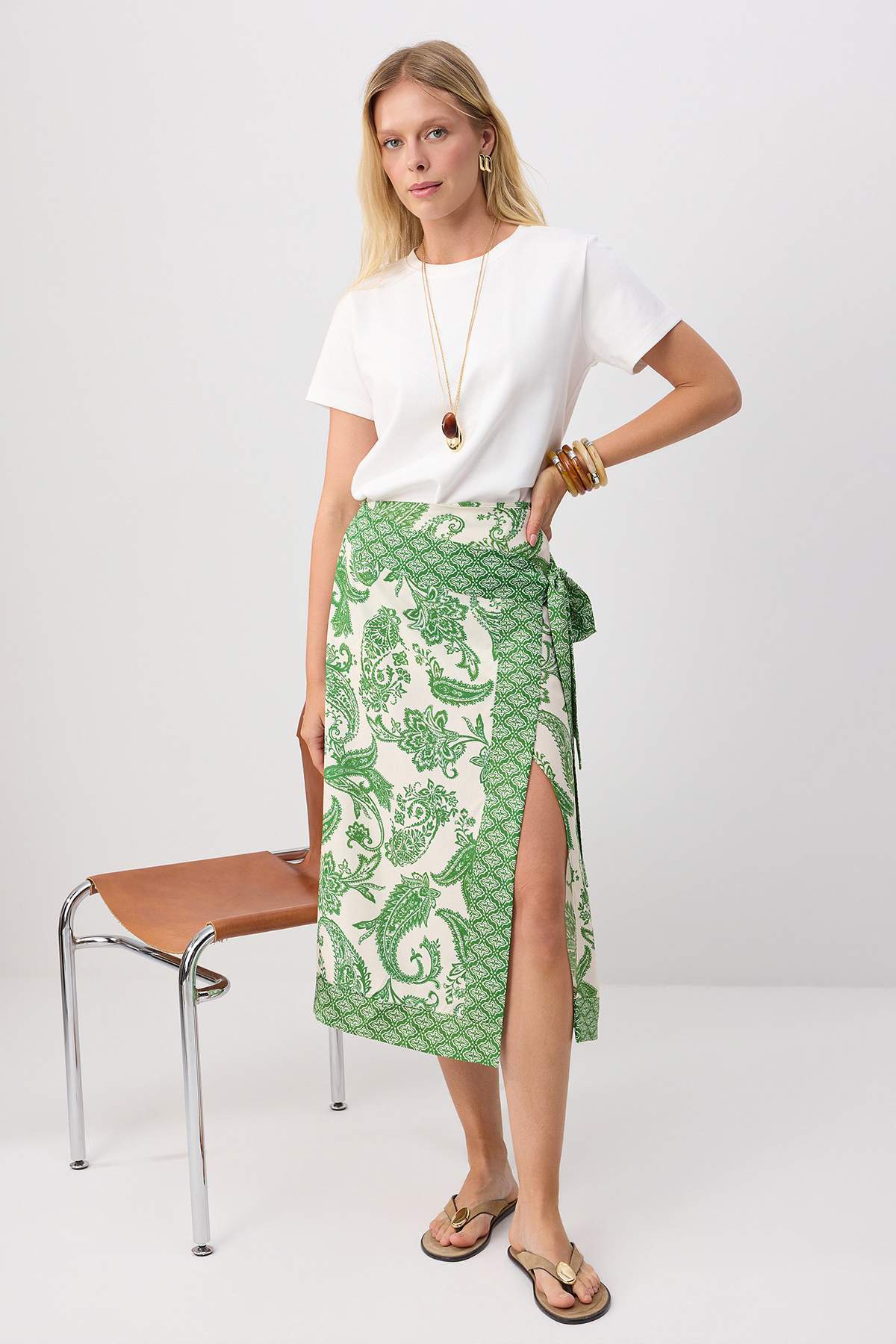 Wrap Front Midi Skirt