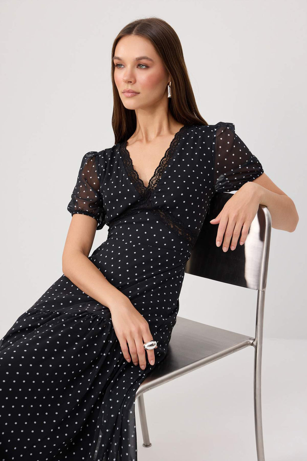 V Neck Balon Sleeve Skater Maxi Dress