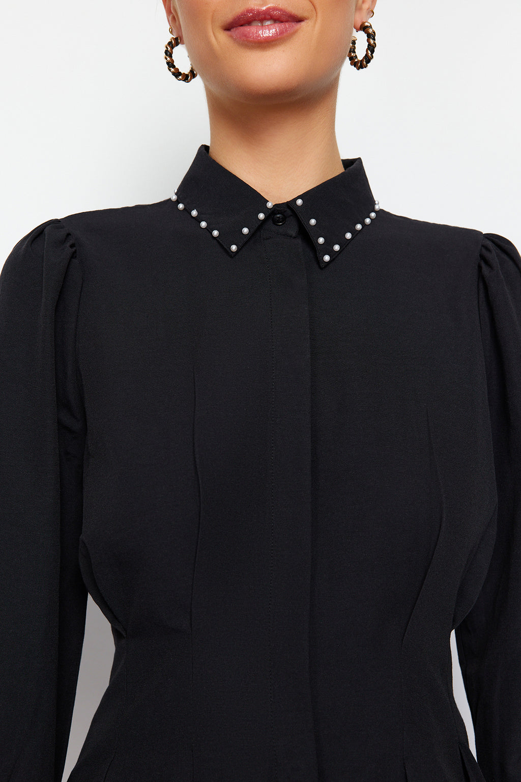 Pearl Detail Fitted Long Sleeve Shirt