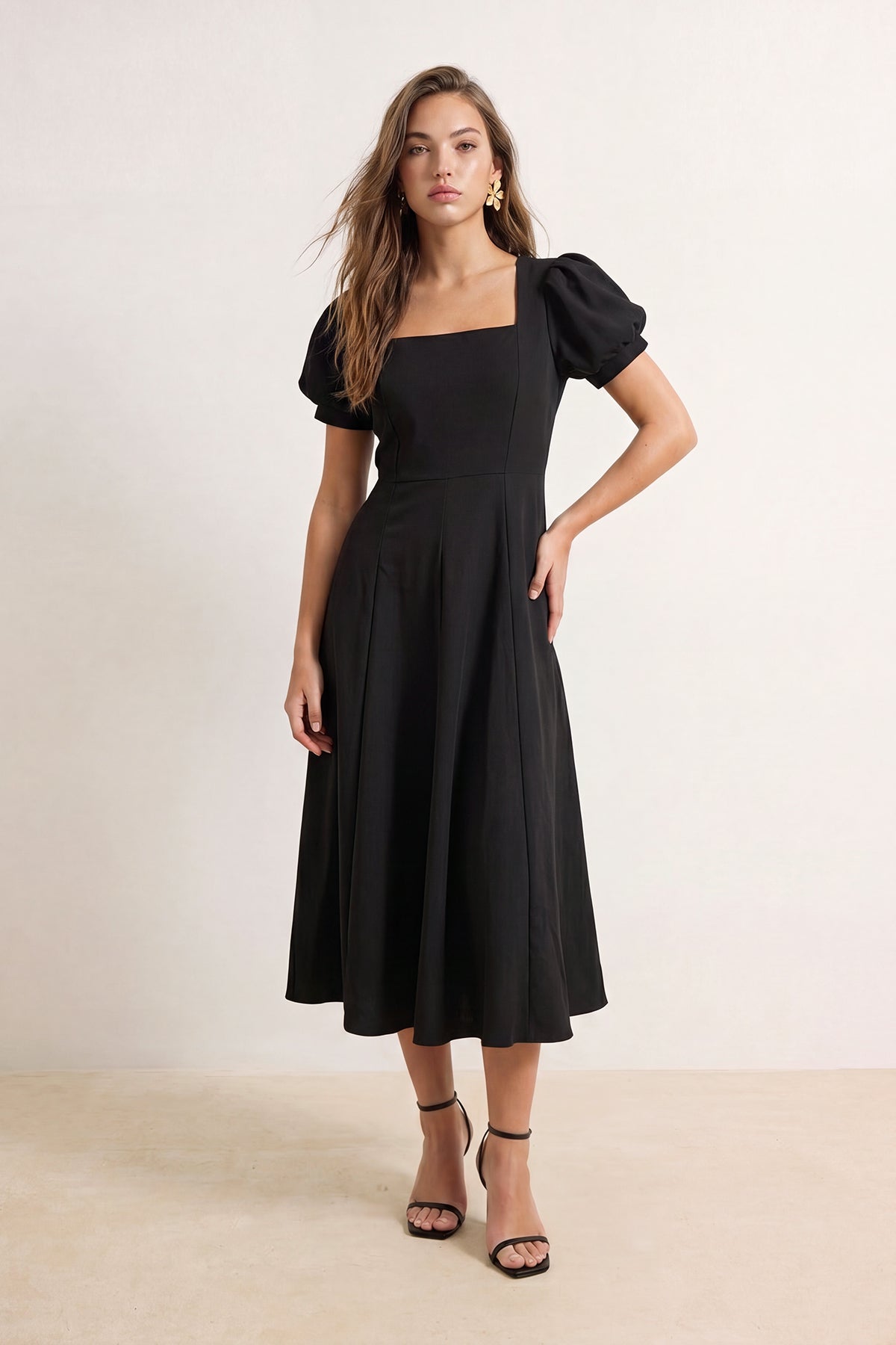Square Neck Puff Sleeve Midi Skater Dress