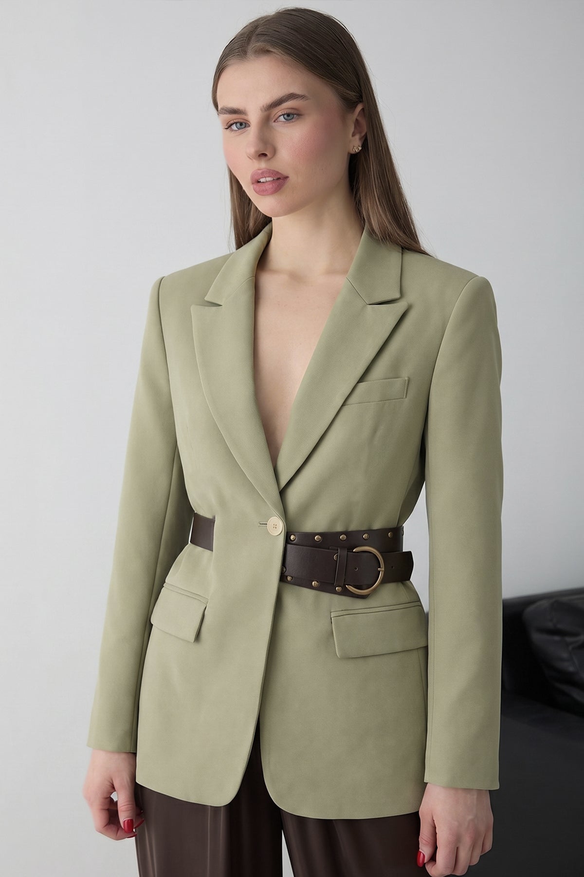 Belted Fitted Long Sleeve Blazer Jacket