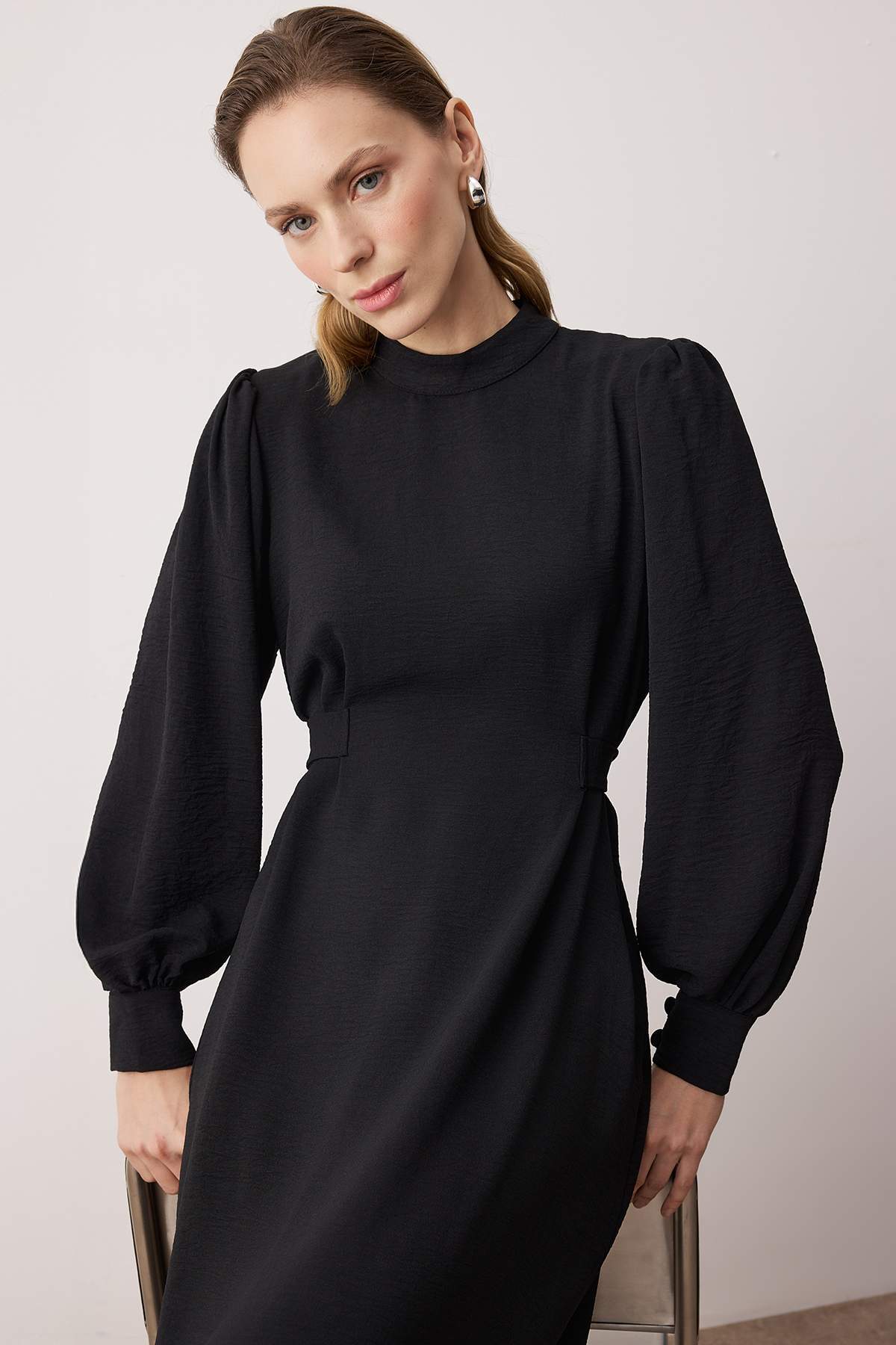 Stand Collar Balloon Sleeve Back Tie Detail Midi Dress