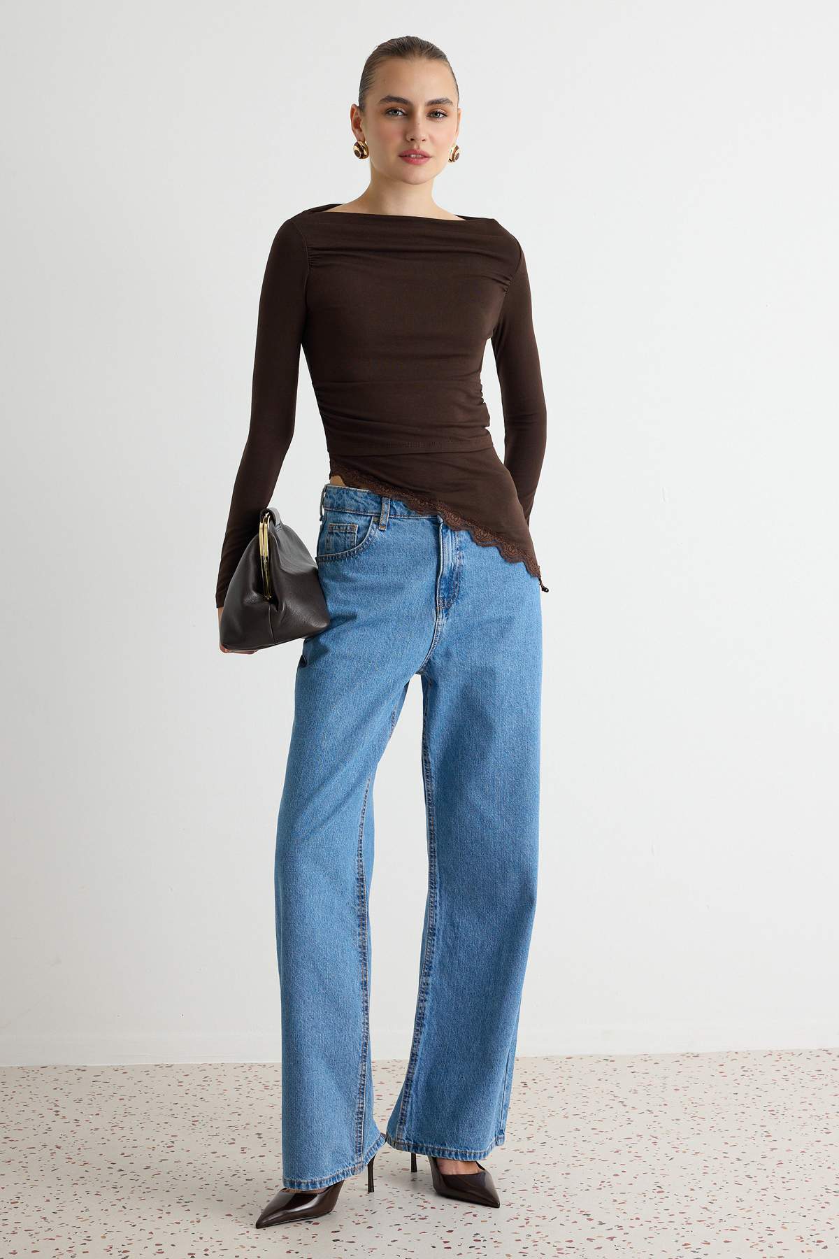 Fitted Boat Neck Long Sleeve Lace Detail Ribbed Blouse