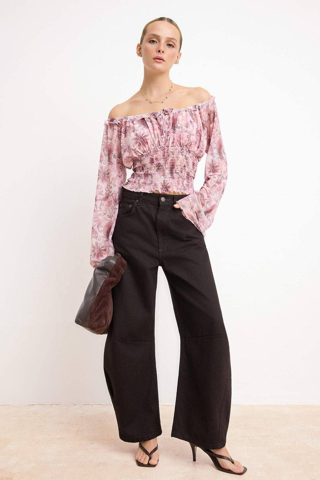 Pool Neck Spanish Sleeve Gathered Crop Mesh Top