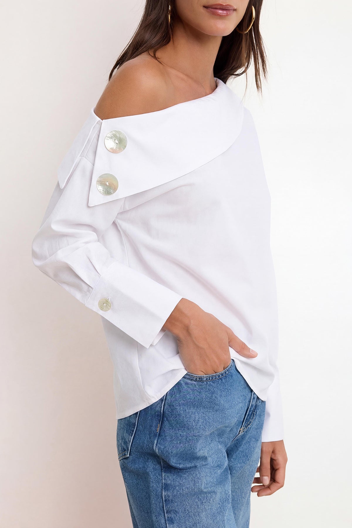 Asymmetric Neck Long Sleeve Woven Blouse