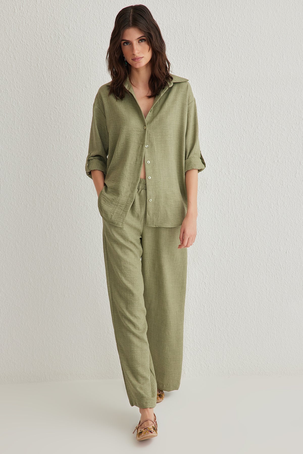 2-Piece Shirt Collar Short Sleeve Wide Leg Trouser Co-ord Set