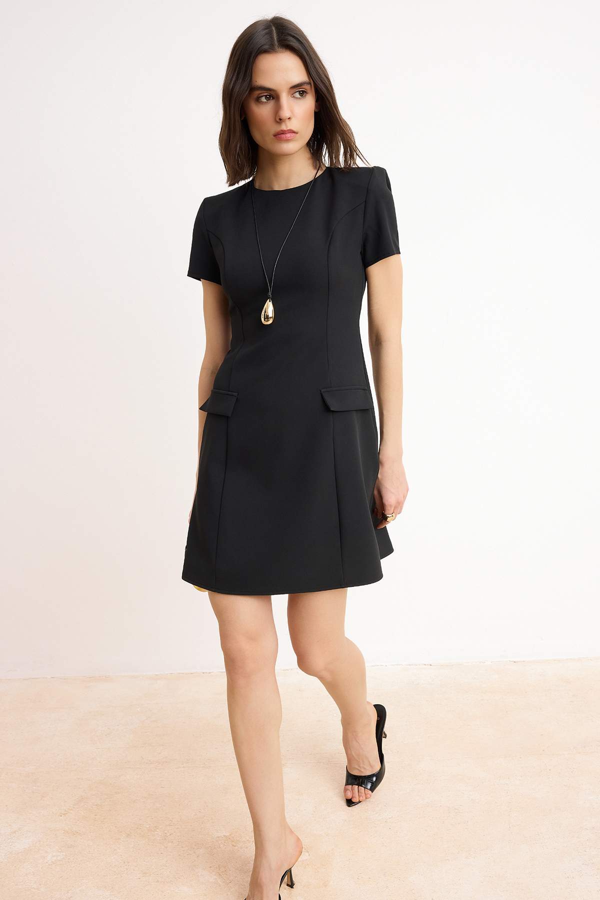 A-Line Short Sleeve Crew Neck Mini Dress